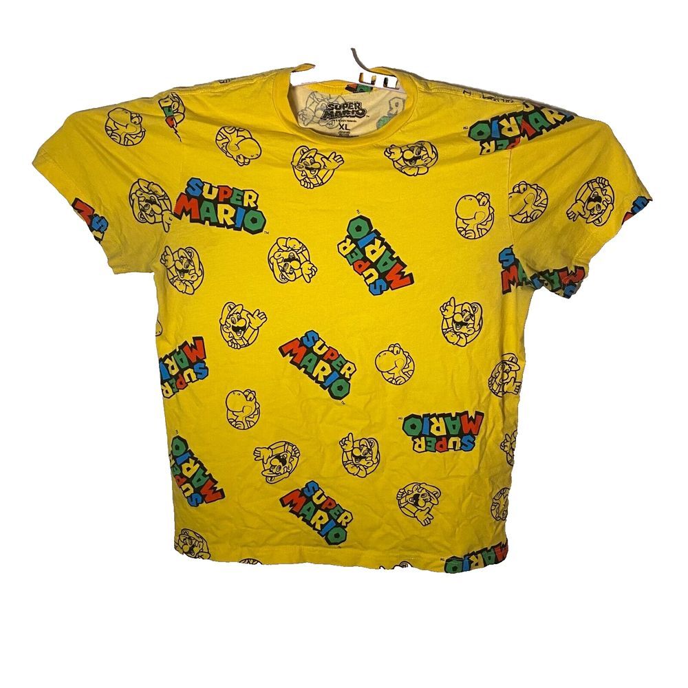 Nintendo Super Mario T-Shirt Men's Size XL Yellow‎ 100% Cotton All Over Print